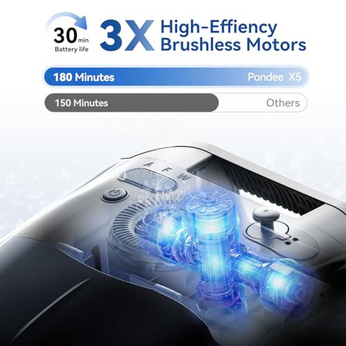(Upgrade 2026) Pondee X5 Wireless Pool Robot Bottom and Walls, Vacuum Cleaner 21 m³/h Saugkraft, Intelligent Navigation, 3 Brushless Motors, Autonomy 180 Min, Water Line, Pond up to 300 m²