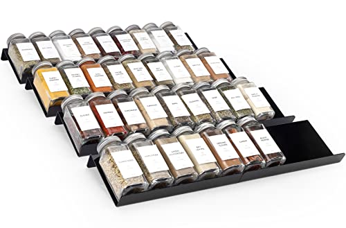 MIUKAA Black Spice Drawer Organizer, 4 Tier- 8 Pack Acrylic Drawer Seasoning Organizer, Expandable From 9'' to 18''Kitchen Spice Rack Tray for Drawer/Countertop (Jars not included)