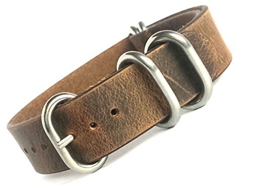 time+ 18mm 5-ring NATO ZULU Leather Military Watch Strap Vintage Brown