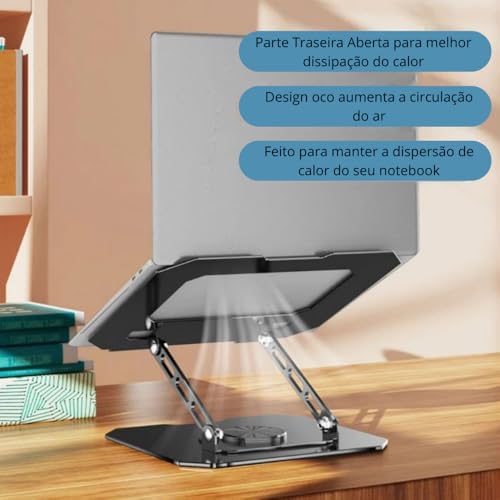 Suporte para Notebook e Laptop de até 17" MTS, Tablets e Celulares, Aço Carbono, Ajustável, Dobrável, Base Giratória 360° e Aberto para Ventilação, Suporta até 10kgs, Ergonômico Portátil (Branco)