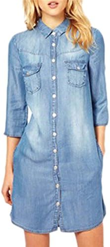 Women's Denim Polo Neck 3/4 Sleeve Long Shirt Dress Light Blue X-Large