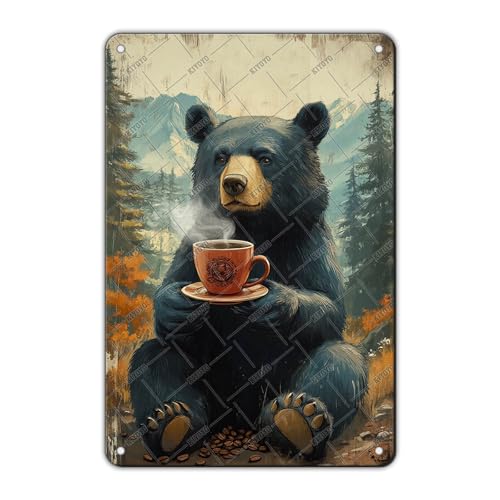 KIYOYO Bear Coffee Cup Tin Sign Vintage Camping Metal Sign Bear Wall Decor For Home Kitchen Garage Bar Pub Living Room Coffee Office Garden Tin Poster 12x8 Inch at Amazon