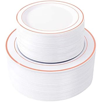 WDF 120 pieces Rose Gold Disposable Plastic Plates-Rose Gold rim Wedding Party Plates,Premium Heavy Duty 60-10.25