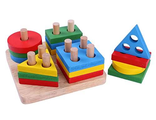 WOWGO Wooden Educational Preschool Shape Colorful Geometric Sorting Board Block Stack Sort Chunky Puzzle Toys, Birthday& Christmas gifts toy for age 3 4 5 Years Old and Up Kid Children