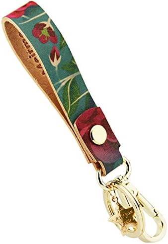 Genuine Leather Key Chain Red Flower Floral Pattern Leather Key Ring Green