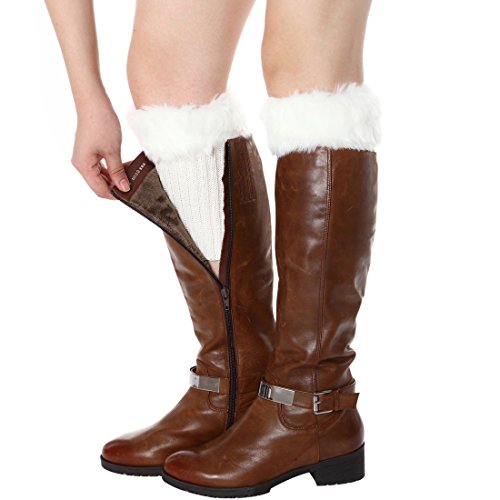 Womens Fur Trim Boot Cuff Top Cover Leg Warmers White - Thumbnail 2