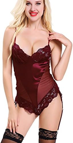 PXSW Teddy Lingerie For Women Lace Babydoll One Piece Bodysuit With Stockings (L, Wine Red)