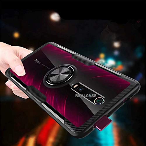 REALCASE Redmi K20 Pro Back Cover, Hybrid Shockproof Carbon Fiber Textured Bumper with Car Ring Holder HD Transparent Ba