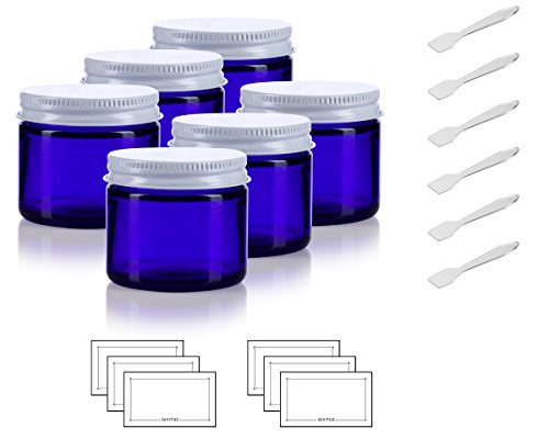 Cobalt Blue Thick Glass Straight Sided Jar with White Metal Airtight Lid - 2 oz/60 ml (6 pack) + Spatulas and Labels