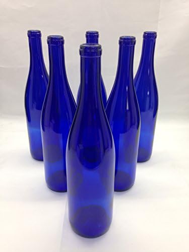 6 Deep Cobalt Blue Glass Bottles Stretch Neck Hock Flat Bottom 750ml for Bottle Trees, Crafting, Parties,Wedding Center Piece, Decor, Home Brew, Beer, Wine