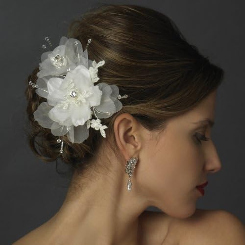 Abigale Crystal, Rhinestone, Lace &amp; Organza Flower Wedding Bridal Hair Clip - Ivory