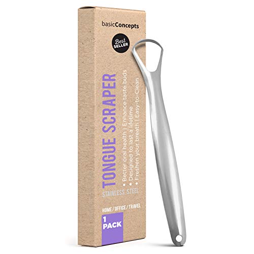 Tongue Scraper Cleaner Stainless Steel - Tongue Cleaner for Adults, Kids, Men & Women - Cure Bad Breath & Fight Bacteria with BPA-Free Metal Tongue Scrapers (1 Pack)