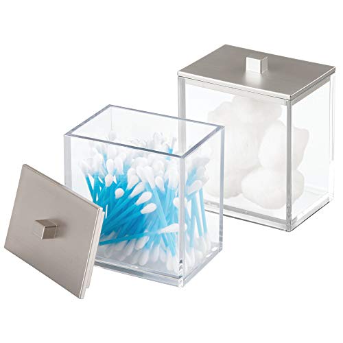 mDesign Modern Square Bathroom Vanity Countertop Storage Organizer Canister Jar for Cotton Swabs, Rounds, Balls, Makeup Sponges, Bath Salts - 2 Pack - Clear/Brushed