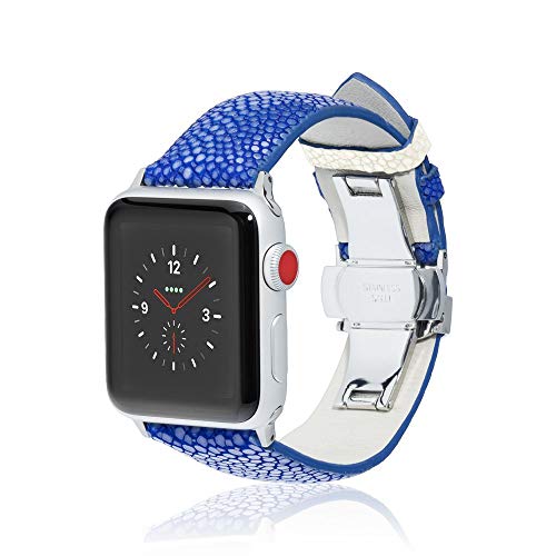 fitjewels for Apple Watch Band 38/40mm - Stingray - Blue/White - Silver Adapter Clasp- Leather iwatch Strap Replacement Band with Butterfly Clasp for Apple Watch Series 4 Series 3 Series 2 Series 1