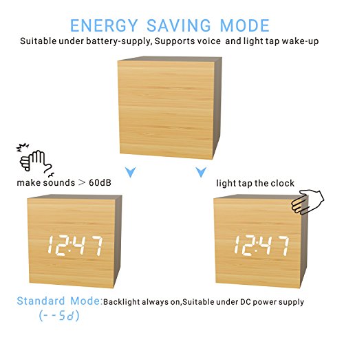 Digital Alarm Clock, Micar Wood LED Light Mini Modern Cube Desk Alarm Clock Displays Time Date
