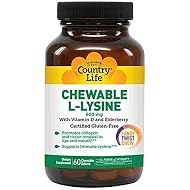 Country Life Chewable L-Lysine Supplement with Vitamin D and Elderberry, Immune Support and Collagen Renewal for Skin Tissue, Ideal for Adults