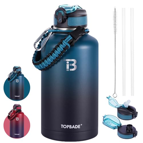 TOPBADE Edelstahl Trinkflasche 1,9 Liter, Isolierte Wasserflasche mit 2 Deckel (Strohhalm & no Strohhalm), BPA-freie 1900 ml Metal Sportflasche für Fi