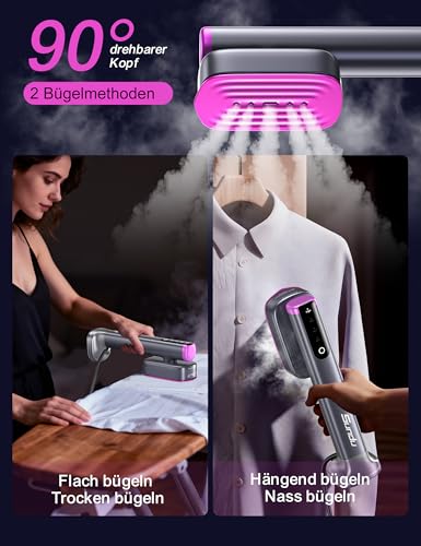 Sundu Steamer with 2 Water Tanks (180 ml and 100 ml), 15S Fast Heating, 24 g/min Strong Steam Performance, Travel Iron with Touch Control, LED Display, Steam Iron Grey