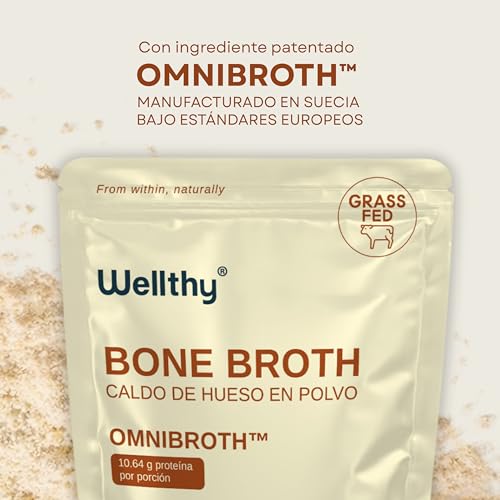 Wellthy Bone Broth Sabor Natural 340g. Caldo de Hueso en Polvo Grass Fed OMNIBROTH™, 10.64g de Proteina por Porción, Incluye Scoop, Sugar Free, Gluten Free, Bottle Free.