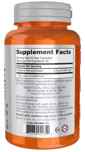 NOW Foods Sports Nutrition, Creatine Monohydrate 750 mg, Mass Building*/Energy Production*, 120 Veg Capsules
