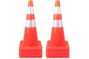 BLQH [ 10 Pack ] 28" Traffic Cones PVC Safety Road Parking Cones Weighted Hazard Cones Construction Cones for Traffic Fluorescent Orange w/4" w/6" Reflective Strips Collar (10)