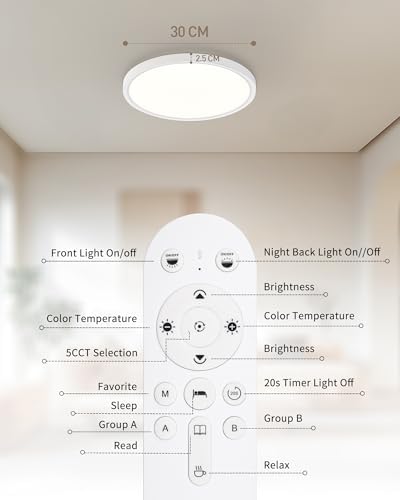 Plafón LED Regulable 24W con Mando – Lámpara de Techo con Luz Nocturna 2000K, Temporizador, Diseño Redondo Ultrafino para Dormitorio, Salón, Cocina, Habitación Infantil Ø30cm