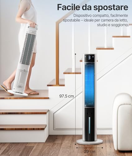 EXNOS Ventilatore a torre con raffreddamento ad acqua – ventilatore a piantana con telecomando silenzioso, aria condizionata mobile senza tubo di scarico, 3 modalità e gradini, aroma timer 12H, Bianco
