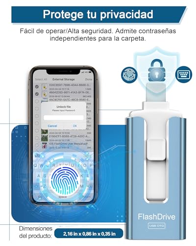 GNASEET 256GB Memoria Externa para Phone y Android,USB 3.0 Alta Velocidad, Pendrive para Phone 4 en 1 con USB-C/Micro USB/USB-A, Disco Duro Externo para Phone para Fotos, Vídeos y Datos, Azul