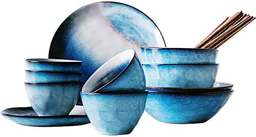 16Pcs Porcelain Dinnerware Set - Creative Fashion Starry Blue Nordic Style Plate, Soup Bowl, Saucer, Chopsticks, 2-4 People Tableware, Blue