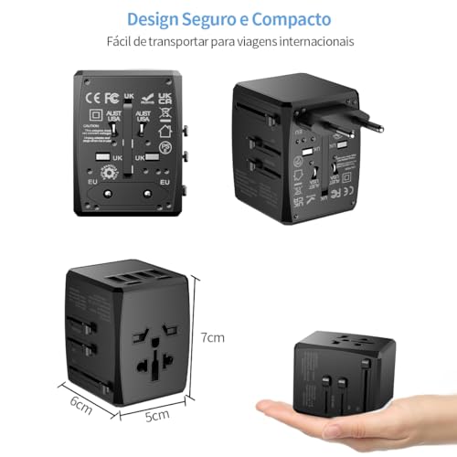 Carregador Universal com Adaptadores de Viagem, Adaptador de Tomada CA com Alimentação Inteligente de 6A 4 Portas USB A e 2 USB Tipo C de 3A para USA EU UK AUS(Bolsa de Viagem Incluída)