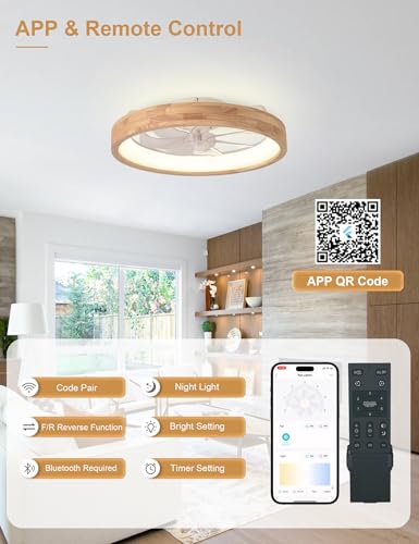 24'' Ceiling Fan with Light Fandelier Flush Mount Low Profile Wood Ceiling Fan with Dimmable LED Light 3 Color 6 Speeds