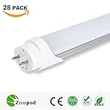 zoopod T8 LED Tube Light, 6500K Cool White,3000K Warm White, Frosted Cover (25Pcs, 3000~3500K) 4ft 18W (32w Fluorescent Replacement) 25-pack