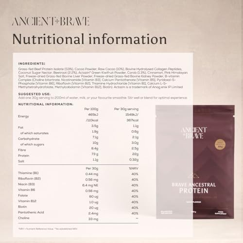 Ancient + Brave Ancestral Protein Powder 30g Serving – Grass-Fed Beef Protein Isolate with Collagen & Actazin® Green Kiwifruit & VitB – High Protein for Muscle Health - Cacao Flavour