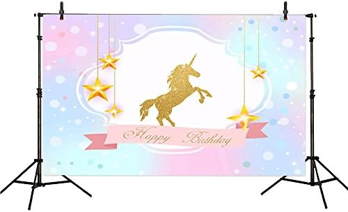 7x5ft Unicorn Happy birthday backdrop Golden Sequin Unicorn with Star Pendants Watercolor Background for Birthday Photography or Decoration