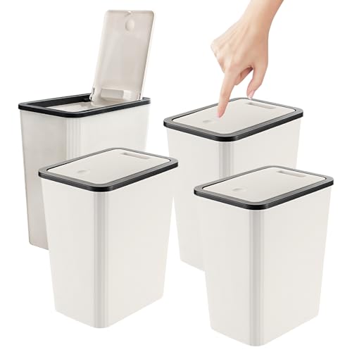 Bote de Basura para Baño con Tapa Juego de 4, 13 L/3.4 Gallon de Basura Cocina, para Baño, Cocina, Despacho, Dormitorio, Aseo, Salón,Cesto de Basura Delgado y Compacto(Beige)