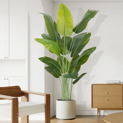 ZEEOZE Artificial Plant Bird of Paradise 200 cm High Fake Tropical Palm Tree for Indoor Outdoor with 15 Leaves Banana Tree Indoor Fake Tree with White Asus for Bed Garden Office Decoration