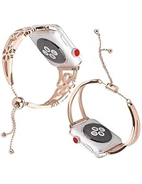 YOSWAN   Pulsera de reloj para mujer, compatible con Apple Watch, 1.496 in, 1.654 in, correa ajustable de acero inoxidable de oro rosa con colgante para iWatch Series 3 2 1