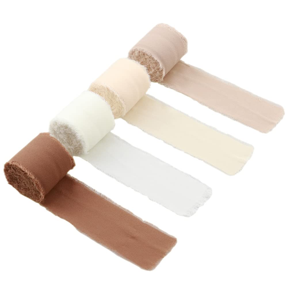 Sofecto 4 Rolls Handmade Fringe Chiffon Ribbon, 1.5 Inch x 5.5 Yards Silk-Like Bouquet Wrapping Ribbon for Wedding Invitations, Wreath, Gift Wrapping (Coffee/Light Brown/Dark Brown/White)