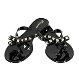 Tengyufly Women's Rivets Bowtie Flip Flops Jelly Thong Sandal Rubber Flat Summer Beach Rain Shoes (US8=EU40=25CM, Black)