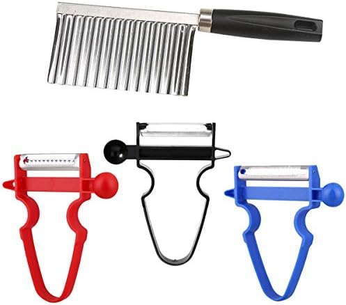 3 pcs Trio Peeler Slicers Shredders with 1 Crinkle Wavy Chopper, Stainless Steel, Spiralizer, Julienne, Cutter and Grater Kitchen Helper, Vegetable Potato Peeler with French Fries Chips Fruit Chopping