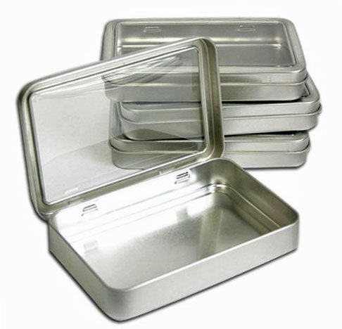 Clear Top Metal Tin Box 7oz Plain Silver Hinged Blank Storage Case, Crafts, Survival Kit Tins 5.5"x3.5" (4X)