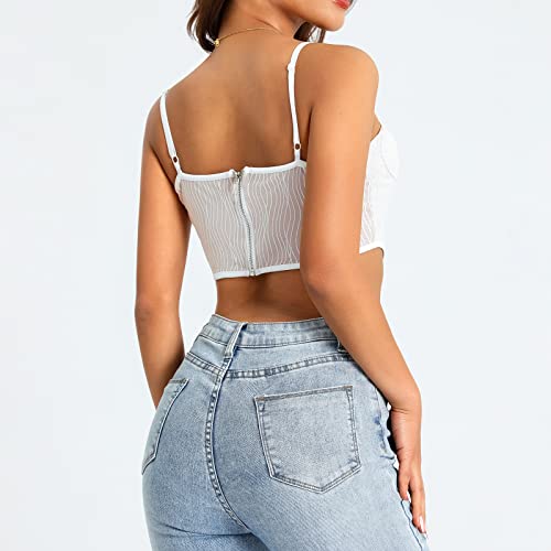 WOMEN’S SEXY MESH SPAGHETTI STRAPS CAMISOLE LOW NECK IRREGULAR HEM BUSTIER SLIM FIT TOPS Y2K ADORABLE STREETWEAR(WHITE,S)