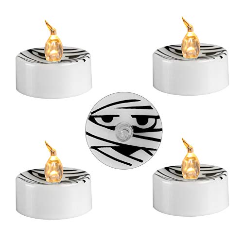 Youngerbaby 12 Pack LED Tea Light for Halloween Decor, 1.4 Inch Flickering Amber Battery Operated Candles Indoor Outdoor Seasonal Holiday Home Party Decoration (Black Grimace)