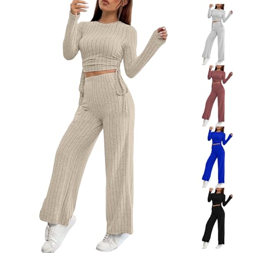 Lounge Wear Sets for Women UK Ribbed Knit Tracksuits Two Piece Outfits Long Sleeve Crew Neck Fitted Jumpers Wide-Leg Trousers Plain Nightwear Casual Homewear