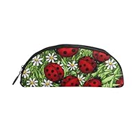 WEEDKEYCAT Red Ladybugs Daisies Semicircle Travel Cosmetic Bag Pen Pencil Portable Toiletry Brush Storage,Multi-Function Makeup Carry Case with Zipper