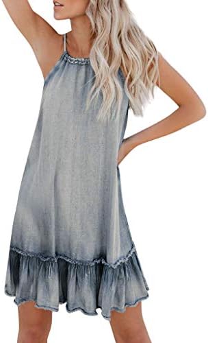Women's Denim Jeans Dress Loose Strappy Mini Skirt Sleeveless Ruffles Tank Top Solid O-Neck Sundress for Party Holiday Daily Wear by WNGO