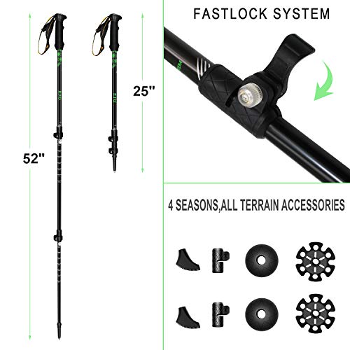 EJG Trekking Poles - 2 Packs/Set | Hiking Poles | Ski Poles | Walking Stick | Walking Poles | Nordic Walking Poles, Quick Lock System, Telescopic(25"-52"), Collapsible