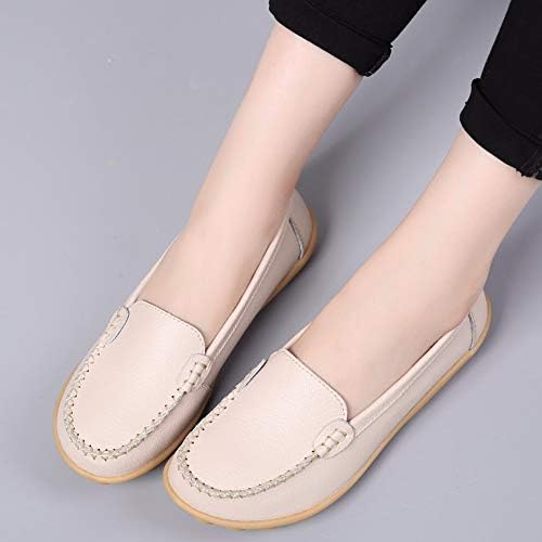 Womens Flat Shoes Natural Real Leather Soft Sole Loafers Non-Slip Low Heel Beige Round Toe Slip On Vintage Original Design Retro Ladies Casual Breathable Comfortable Boat Shoes For Working Hiking Dri