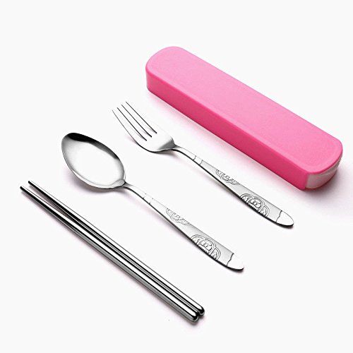 NPLE--Candy Color Portable Stainless Steel Spoon Fork Chopsticks Kids Tableware Set (Pink)