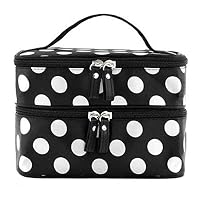 NiceWave Double Layer Cosmetic Bag Black with White Dot Travel Toiletry Cosmetic Makeup Bag Organizer With Mirror Beautiful Tools